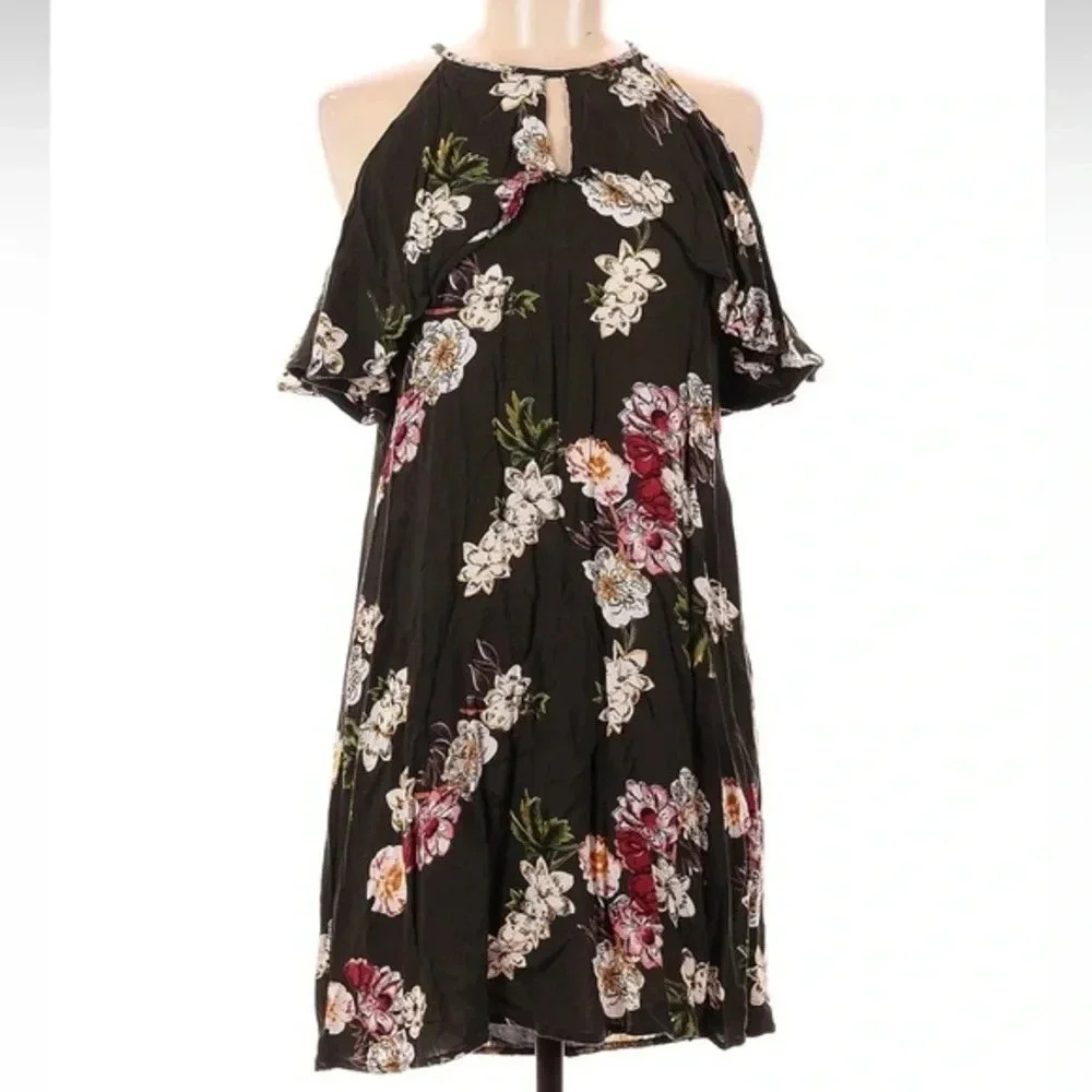 Angie Women’s Sundress Black Mini Floral 3/4 Sleeve Cold Shoulder Size M